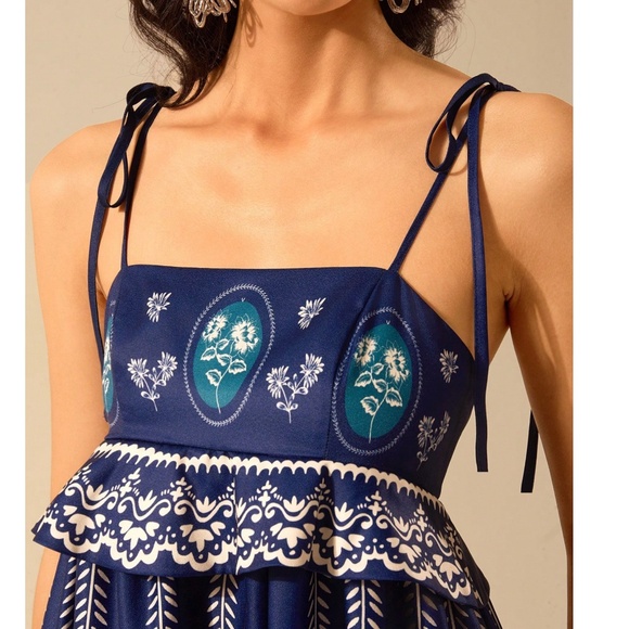 Boho Navy Blue floral Print Cut out Ruffle Maxi Dress - Picture 6 of 9